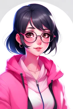 Anime anak perempuan imut memakai jaket pink, rambutnya pendek berwarna hitam, memakai kacamata pink