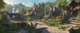 An outdoor surrealist market in a beautiful surreal outdoor countryside summer scene with hills, interesting dwellings, pathways, stairways, waterfalls, & a waterwheel : very high detail, photorealistic, epic cinematic, 8K, Large depth of field