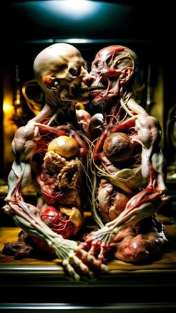 cinematic gore photorealistic fleshy dmt lsd photo of 2 conjoined mangled bodies making love, 1 soul vortex, complementary, anatomically fragmented, ripped apart again being flayed, skinned alive. A beating heart, muscles, blood vessels, bowels, entrails are exposed. anatomy. physiology. Bosch and Dali inspired hallucinations. mythology. grotesque.