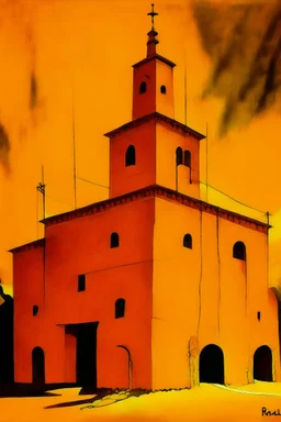 A yellowish orange colored electrical stronghold designed in Mayan architecture painted by Lyonel Charles Feininger