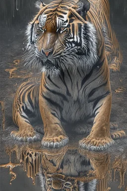 full body portrait, a hyper-realisitc tiger melting into a puddle of liquid, hyper-realistic natural form, full body, highly detailed melting details, emotional expression, detailed emotions, hyper detailed melting of the animal to the ground, engraved fur details, anatomically correct animal, dark colour tone, epic colour treatment, cinematic colour treatment, meticulously intricate perfectly symmetrical extremely detailed, pixiv daily ranking, pixiv, extreme depth of field, artstation, sculptu