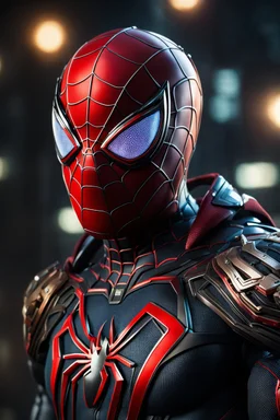 Spiderman in a cyborg, super suit with spikes on his arms and shoulders, hdr, (intricate details, hyperdetailed:1.16), piercing look, cinematic, intense, cinematic composition, cinematic lighting, color grading, focused, (dark background:1.1)