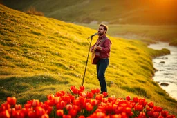 صحنه ای شاعرانه و نوستالژیک از رشید بهبودوف، خواننده افسانه ای آذربایجان، که با حالتی عاشقانه و ایستاده در حال اجرای ترانه محلی "لاله لر" است. او در دامنه کوهی سرسبز و پر از گل های وحشی و فرشی از لاله های سرخ رنگ ایستاده است. یک رودخانه زلال در نزدیکی او جریان دارد. نور طلایی غروب خورشید صحنه را گرم کرده است. سبک عکاسی رئال، کیفیت فوق العاده بالا، جزئیات دقیق در چهره و طبیعت.