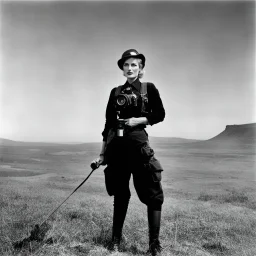 [art by Russ Meyer] Lee Miller stands with her camera in the battlefield. she shows off her garters. This war photographer is a fascinating figure indeed. She captured powerful images during World War II, showcasing the realities of conflict with a unique perspective. Her work is a testament to the courage and artistry of photojournalists in documenting history.