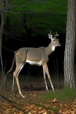 deer, Legs bent backwards, Barrel chested/bloated abdomen, Emaciation, Eyes belonging to unrelated animals, Forward-facing eyes, General bodily disfigurement, on hind legs,