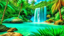 A lush tropical paradise awaits, with vibrant colors and exotic flora. Imagine a crystal clear waterfall cascading into a turquoise lagoon, surrounded by towering palm trees and white sandy beaches.