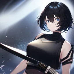 Clear focus,High resolution, black short fluffy hair, long fluffy bangs, and dark blue eyes, Depressed girl, wearing a black short shirt with a black sleeveless crop top, dark aura, controlling water, in a black room, holding a katana