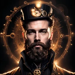 On a black background, in the center, there is a man with a beard wearing Steampunk attire. Behind the person, there is a subtle glow, creating a captivating effect.