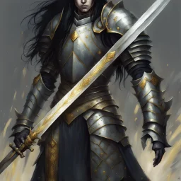 dnd character fantasy paladin knight, weathered plate armour, guilded effects, long black hair, gloomy expression, serious moody eyes, drawn portrait in the style of Nobuyoshi Araki