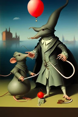 The Plague Doctor and a Mouse happily lost down the river attracted by mutual appreciation of their artistic desires in Balloon world, art by Magritte