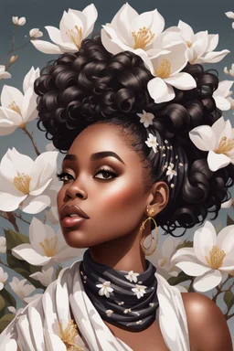 create an urban culture art image of a black curvy female looking to the side with a curly messy bun in a wrapped hair scarf. prominent make up with hazel eyes. 2k Highly detailed hair. Background of white magnolia flowers surrounding her