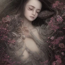 Insanely detailed photograph of an “portrait of gorgeous winter goddess ” with intricate hair, intricate embroidered dress, beautiful clear face and hyperdetailed painting by Ismail Inceoglu Huang Guangjian and Dan Witz CGSociety ZBrush Central fantasy art album cover art,8K, hdr, romantic, mysterious, ominous, beautiful flowers, jewelry, comfort, natural eyes,naked,tasteful