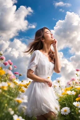 romantic environment heaven flowers clear nice clouds ,young girl gracefully whispering her lovely joy,full body shot,sharp focus, realistic.