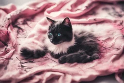 double exposure, merged layers, painted and burned burlap, cute chibi anime black and white cat lying on a pink blanket, melting watercolor and black ink outlines on wet paper, soft, shading strokes, in sunshine, ethereal, otherwordly, cinematic postprocessing, bokeh, dof