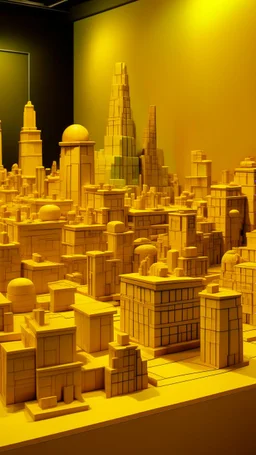 A golden yellow city made out of blocks designed in ancient Egyptian architectures and sculptures painted by Andy Warhol