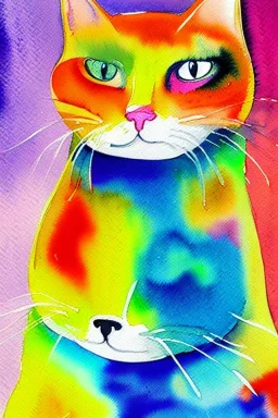 watercolor painting, happy cat, bright color,