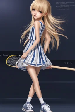 General Fast V2 (Flux), Create a realistic image of a female with long, straight blonde hair, the bangs cut straight across the forehead, hazel eyes, wearing a sleeveless, strapless, blue and white-striped nylon extremely short mini dress with a plunging neckline, knee high white socks and black converse tennis shoes, happy facial expression