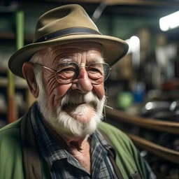 Un retrato de un anciano con un sombrero de pesca y lentes oscuros en un taller mecánico
