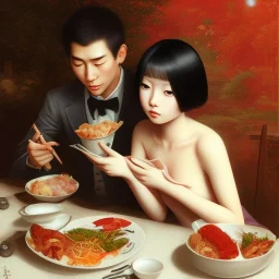 A japanese girl eating a meal with her lover who is having an erection