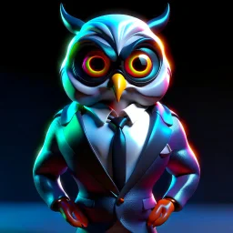 Illustrative sketch of a Pixar 3D image of an angry humanoid owl, suit and tie, ultra quality, 8k