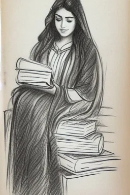 Pencil sketch of Young woman, Arab features,sad, long wavy hair, reading a book, full body، on lined paper