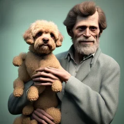 Portrait of an aristocratic old man holding a toy poodle in his arms, he looks like Willem dafoe, 8k, HD, cinematography, photorealistic, Cinematic, Color Grading, Ultra-Wide Angle, Depth of Field, hyper-detailed, beautifully color-coded, insane details, intricate details, beautifully color graded, Cinematic, Color Grading, Editorial Photography, Depth of Field, DOF, Tilt Blur, White Balance, 32k, Super-Resolution, Megapixel, ProPhoto RGB, VR, Halfrear Lighting, Backlight, Na