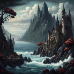 beautiful landscape, ocean, mountains, trees, Style: Gothic, Realism, Romantism, GothicNeo, Surrealism. no buildings.