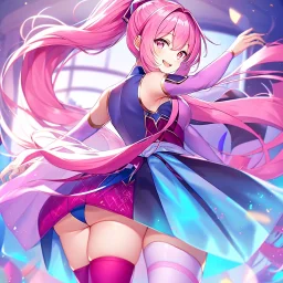 girl, masterpiece, best quality, volumetric lighting, detailed outfit, perfect eyes, pink hair, pink eyes, long hair, ponytail, thigh highs, looking back, laughing,