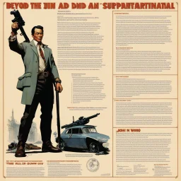 character concept sheet with AD&D statistics and characteristics, [high res photo by Norman Rockwell for Beyond the Supernatural] the jump with one gun in each hand iconic scene by John Woo (A Better Tomorrow, The Killer, Hard-Boiled)