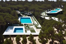 Day in quinta do lago, one straight line building of two floors on a slope of pine trees, with a 250 meters long pool on the rooftop building, modernistic luxury architecture with wood and gold metallic pergolas with pool on rooftop, on a slope with pinus pinea, a road wrap around for low speed veicular road