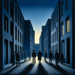 street made of felt, volumetric light, noon-light, nightmare, people, René Magritte