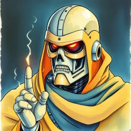 retro anime style, full color, dark serious 1980s anime terminator like robot, moebius artist, magic, watercolor, buddist monk robe,