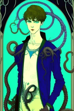16 year old boy warlock with milky blue eyes, and 1 lamprey tentacle coming out of his belly in the style of Harry Clarke
