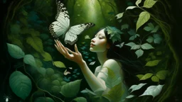 A woman emerges from dense foliage, her arms raised high, hands grasping a single white butterfly. The greenery envelops her, a lush tapestry of leaves and branches, while the butterfly delicately perches on her fingertip. The scene is a blend of nature's serenity and the ethereal beauty of the butterfly, creating a sense of tranquility and harmony.