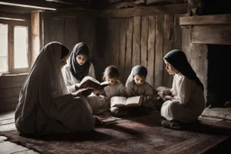 A close-up scene of an Arab mother reading the story from a book with her children around her in the room of the old wooden house near the fireplace 100 years ago.