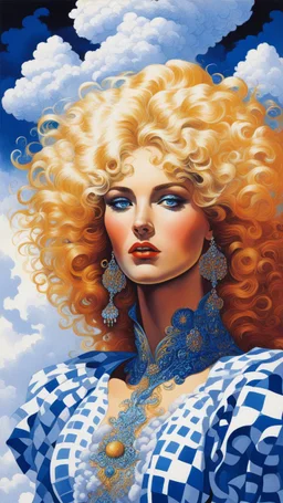 [art by Philippe Druillet] an impossibly tall woman with curly golden hair piled atop her head, wearing an intricately decorated blue and white gingham blue eyes as she peered down at you. surrounded by fluffy cotton-candy clouds