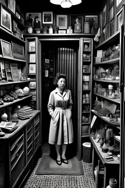 she stands within the confines of a closet, surrounded by a cabinet of curiosities. These evocative creations capture a melancholic mood, photorealist, revealing the inner struggle of a soul torn between her desire for freedom and the weight of her own uniqueness. Shoot by a leica camera by Cartier-Bresson, very low contrast