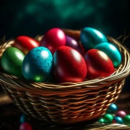 digital photograph of off-center modern basket colorful Easter eggs. eggs display intricate textures in azure, emerald, blush,red, crimson,gold, sapphire,metallic cinematic HDR backlighting highlights subtle dimples and glossy reflections, with shallow depth of field softening the sunlit background. hyperrealistic 8k resolution,