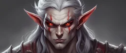 Portrait a DND elf who has red eyes and grey skin. Muscular and angry face