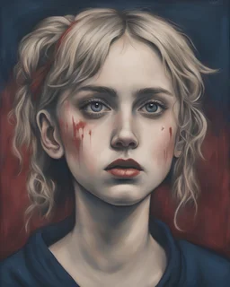 A portrait of a Singer Danish MØ face, painting by John Kenn Mortensen, darkblue and darkred tones,