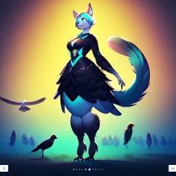 A bird fursona, Furry art, Digital art, cyberpunk, High quality, Backlighting, female, anthropomorphic, full body portrait, 8k resolution, bird tail, Realistic, high quality, great details, within portrait, masterpiece, best quality, detailed outfit, vibrant colors, perfect eyes, feathery, human body, robotic arm, sfw, highly detailed face, perfectly drawn, Taloned feet