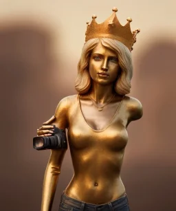 Statue of Queen of photography. Cute blonde woman. Photographer in golden crown. Standing on the street. Big camera in her hand. hyperdetailed, photorealistic, trending on artstation, greg rutkowski, beksinski, kodachrome, bokeh, red and gold