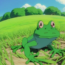 A green frog smiling with a big light blue hat on, wearing blue work overalls, skipping and dancing around in a field during a sunny day. Bokeh, fisheye.