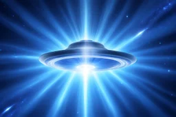 a flying saucer made of light and bright over a light blue galaxy. the saucer has a bright ray crossing it in a vertcal way