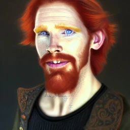 Portrait of Courtney Gains as a ruggedly handsome but joyful roguish pirate, charismatic, attractive male, masculine, perfect, precisely detailed, lightly freckled face, meticulously detailed multi-hued ginger carrot colored cherry fire red hair; Malachai of the corn; fantasy, intricate, elegant, highly detailed, digital painting, artstation, concept art, matte, sharp focus, illustration, art by artgerm and greg rutkowski and alphonse mucha