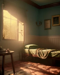 Room scene with alligator sleeping, Wes Anderson styler, concept art, smooth, unreal engine 5, god lights, ray tracing, RTX, lumen lighting, ultra detail, volumetric lighting, 3d.