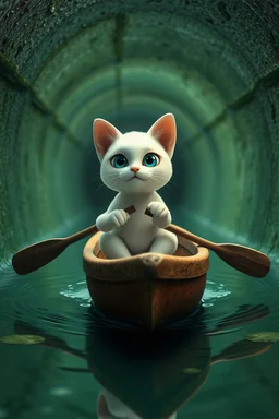 3d A small white cat is riding a very small boat in the green sewer water underground and rowing with an oar.