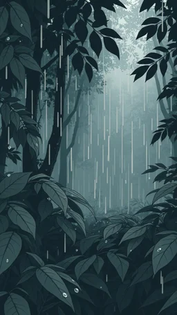 a dramatic scene in a dense forest under the rain. The background should feature raindrops falling around the leaves.thin line draw