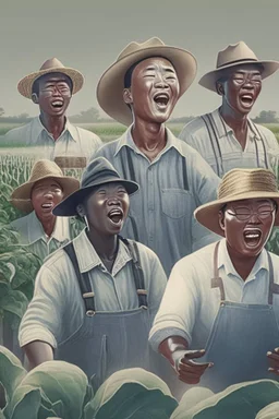 a asian, black, white, latino group of farmers singing in the farming field