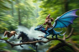 oil painting ,motion blur portrait of harpy - Forgotten Realms dodging dwarf with warhammer riding tiny metallic blue and purple dragon above water and along winding branches in lush green forest along speeding horses , bokeh like f/0.8, tilt-shift lens 8k, high detail, smooth render, down-light, unreal engine, prize winning